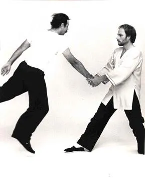Två utövare i push hands som känner och styr varandras kraft.